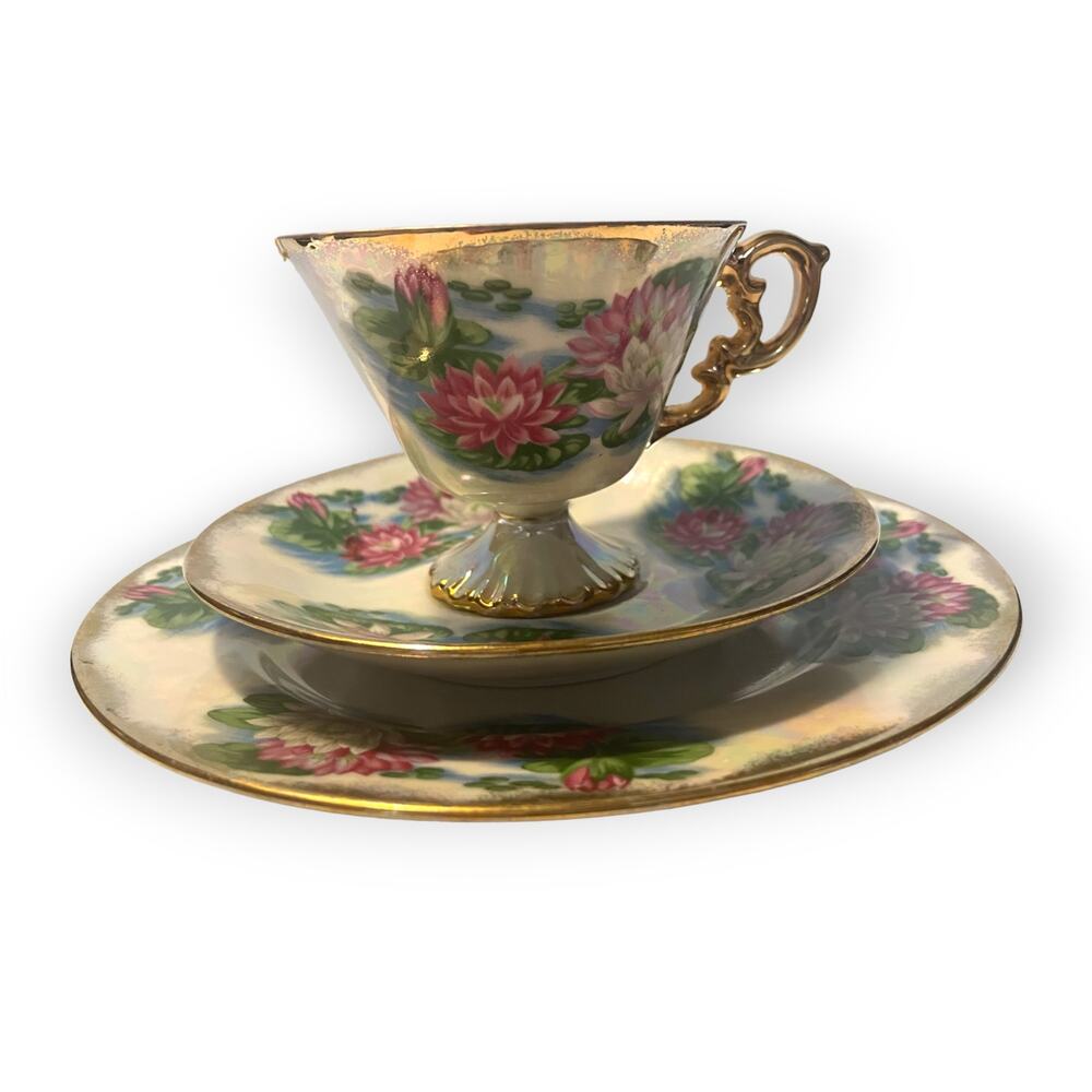 Vintage Birth Month “JULY”  Cup Saucer Dessert plate with Waterlily Design 3pcs